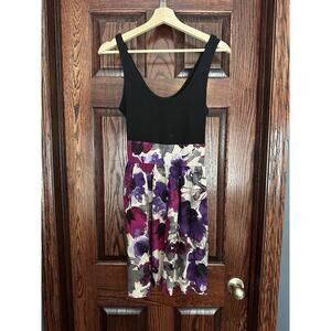 Express floral fit & flare dress, black knit bodice, purple print skirt, size 6